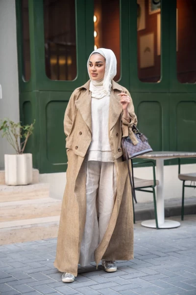 عباية لينن باللون البيج مع طقم داخلي C:J1026 Beige